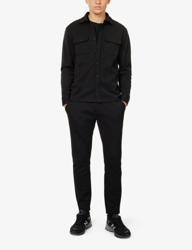 Buttoned-pockets long-sleeves regular-fit stretch-woven blend shirt