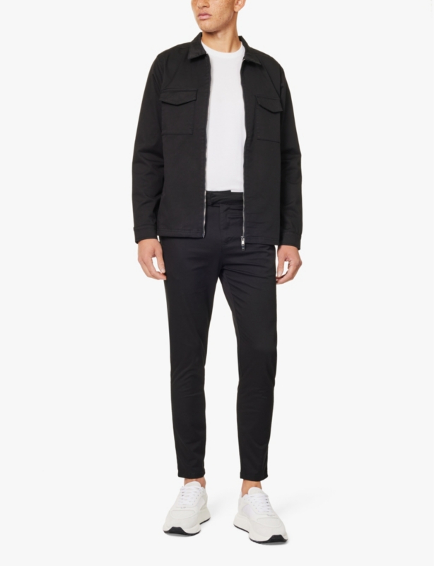 Slip-pockets drawstring-waistband tapered-leg tailored-fit stretch-cotton trousers