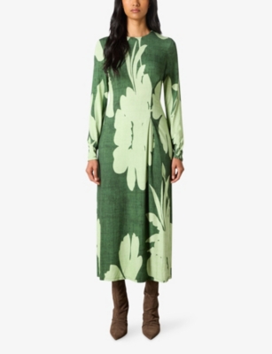 Ro&zo Womens Floral-print Long-sleeve Stretch-jersey Midi Dress Green In Green