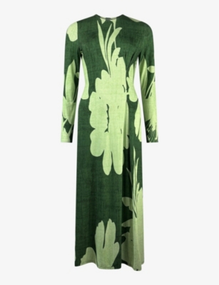 Ro&zo Womens Floral-print Long-sleeve Stretch-jersey Midi Dress Green In Green
