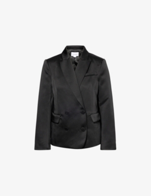 Six Stories Womens Double-breasted Tailored Satin Blazer Black