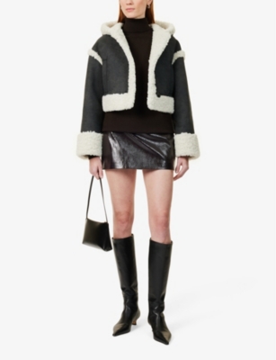 Shop Stand Studio Womens Black Off White London Hooded Faux-leather Jacket
