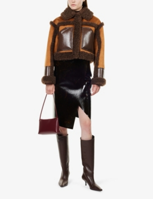 STAND STUDIO WOMENS TAN EBONY BROWN EDITH CONTRAST-PANEL FAUX-LEATHER JACKET 