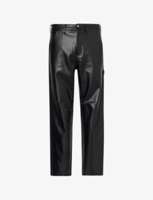 CARHARTT MENS BLACK BRAND-PATCH STRAIGHT-LEG REGULAR-FIT FAUX-LEATHER TROUSERS