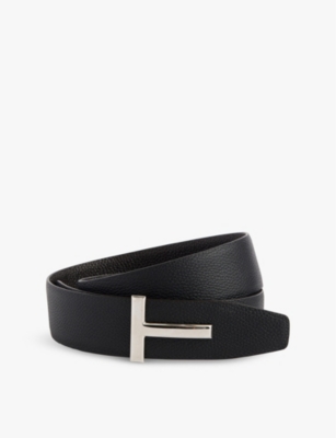 Tom Ford Reversible Grain Leather T Belt For Men In Dual Shades In Brown + Black