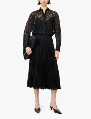 THEORY WOMENS BLACK SUNBURST PLEATED LACE MIDI SKIRT 