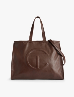 Embossed branded large leather tote bag