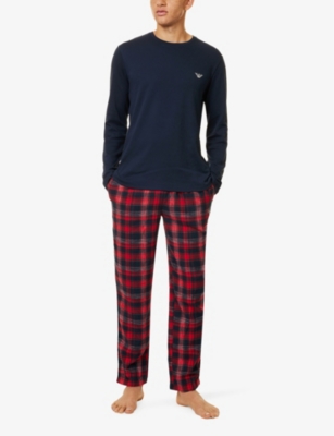 Shop Emporio Armani Mens Crewneck Checked Cotton-jersey And Flannel Pyjama Set Marin/scoz Mar/rosso