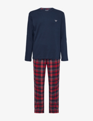 Shop Emporio Armani Mens Crewneck Checked Cotton-jersey And Flannel Pyjama Set Marin/scoz Mar/rosso