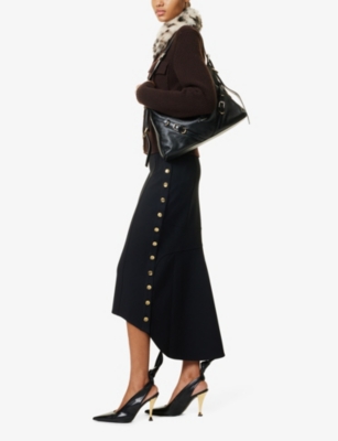 GIVENCHY: Dipped-Hem Brand-Button Knitted Midi Skirt