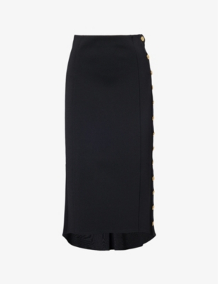GIVENCHY: Dipped-Hem Brand-Button Knitted Midi Skirt