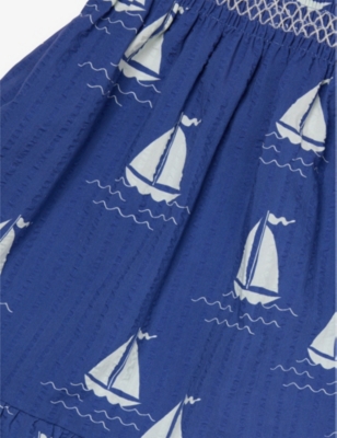 MINI RODINI: Sailing Boat Aop Shirred Cotton-Poplin Dress 1-9 Years
