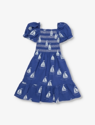 MINI RODINI: Sailing Boat Aop Shirred Cotton-Poplin Dress 1-9 Years
