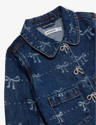 Self-portrait Denim Bow Printed Jacket In Blue