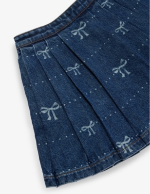 SELF-PORTRAIT: Bow-print pleated denim skirt 4-12 years