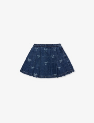 SELF-PORTRAIT: Bow-print pleated denim skirt 4-12 years