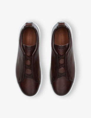 Ermenegildo Zegna Mens Dark Brown Triple Stitch Panelled Leather Low-top Trainers In Dark Brown