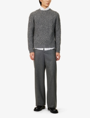 Shop Eleventy Mens Medium Melange Grey Cable-knit Crewneck Stretch Wool And Cashmere Jumper