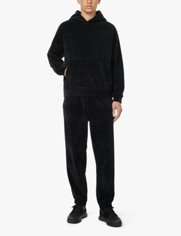 Ribbed-velour kangaroo-pocket relaxed-fit stretch-woven hoody