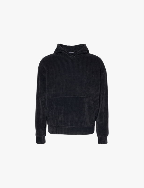 Ribbed-velour kangaroo-pocket relaxed-fit stretch-woven hoody
