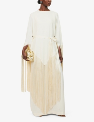 TALLER MARMO WOMENS IVORY BOHEMIA DRAPED FRINGED CREPE-CADY KAFTAN 