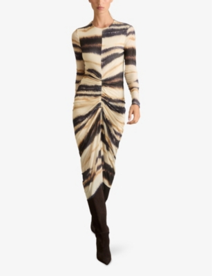Reiss Neutral/navy Jersey Ruched Printed Dress With Wool In Neutral Navy