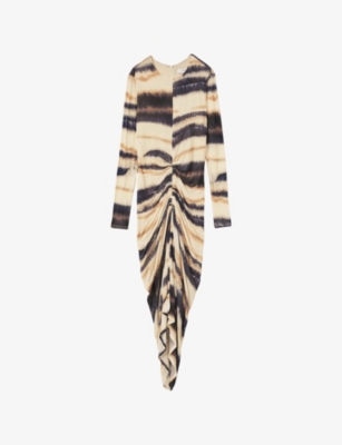 Reiss Neutral/navy Jersey Ruched Printed Dress With Wool In Neutral Navy