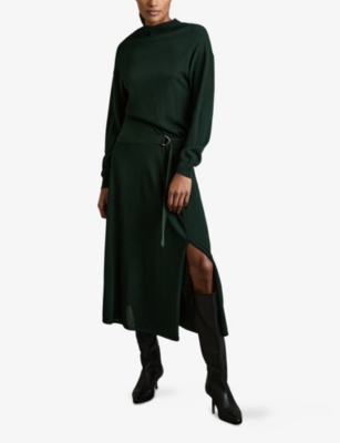 Reiss Womens  Alina Belted Compact-knit Midi Dress In Dark Green