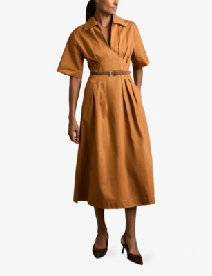 REISS: Aubrey Pleated-Waist Cotton Midi Dress