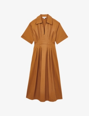 REISS: Aubrey Pleated-Waist Cotton Midi Dress