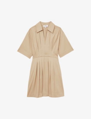 Shop Reiss Womens Neutral Rosalie Short-sleeve Pleated Cotton Mini Dress