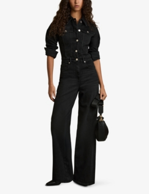 Reiss Womens Black Celeste Wide-leg Denim Jumpsuit In Black