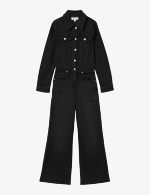 Reiss Womens Black Celeste Wide-leg Denim Jumpsuit In Black