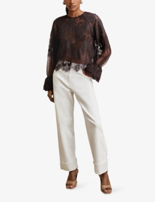 Reiss Womens Chocolate Brown Emilia Flared-cuff Lace Blouse In Black