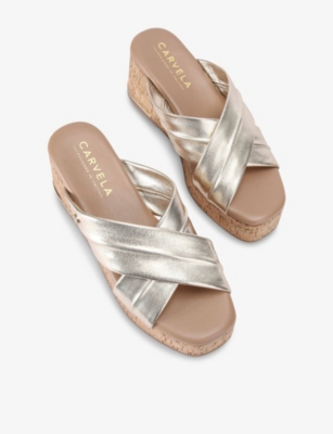 Carvela Comfort Womens  Fresco Cross-strap Leather Wedges In Gold
