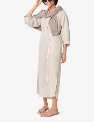 The White Company S Flax Belted-waist V-neck Linen Midi Dress In Gray