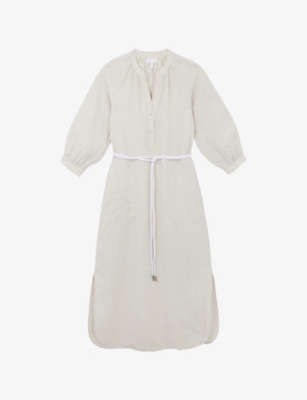 The White Company S Flax Belted-waist V-neck Linen Midi Dress In Gray