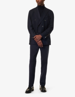 OSCAR JACOBSON MENS NAVY DOUBLE-BREASTED PEAK-LAPEL REGULAR-FIT WOOL BLAZER 