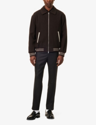 OSCAR JACOBSON MENS CHOCOLATE BROWN ADJUSTABLE-TABS TAPERED-LEG REGULAR-FIT WOOL TROUSERS 
