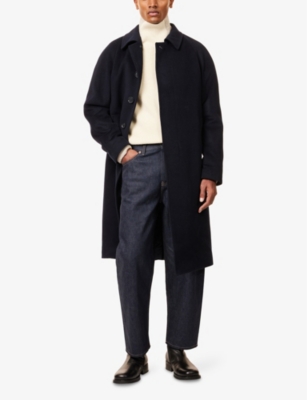 OSCAR JACOBSON MENS NAVY SPREAD-COLLAR REGULAR-FIT WOOL-BLEND COAT 