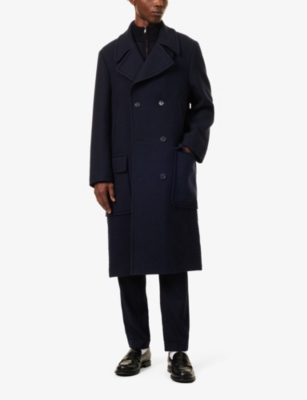 OSCAR JACOBSON MENS NAVY DOUBLE-BREASTED SPREAD-COLLAR REGULAR-FIT WOOL COAT 
