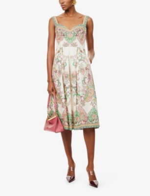 Shop Etro Womens Print On White Base Graphic-print Pleated-skirt Cotton-poplin Midi Dress
