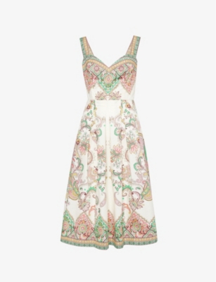 Shop Etro Womens Print On White Base Graphic-print Pleated-skirt Cotton-poplin Midi Dress