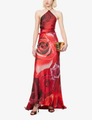 ROBERTO CAVALLI: Halterneck Rose-Print Silk Maxi Dress