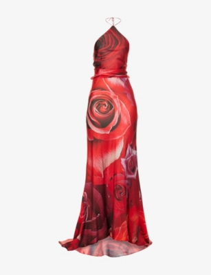 ROBERTO CAVALLI: Halterneck Rose-Print Silk Maxi Dress