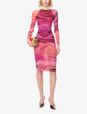 ROBERTO CAVALLI WOMENS ROSA FLORAL-PRINT RUCHED WOVEN MIDI DRESS 