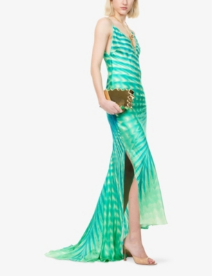 ROBERTO CAVALLI: Abstract-Print V-Neck Silk Maxi Dress