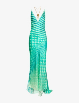 ROBERTO CAVALLI: Abstract-Print V-Neck Silk Maxi Dress