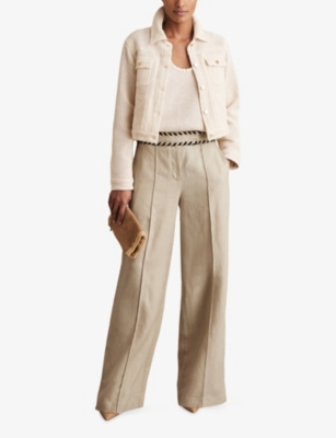 Reiss Fawn High-rise Whipstitch Linen Trousers In Neutral