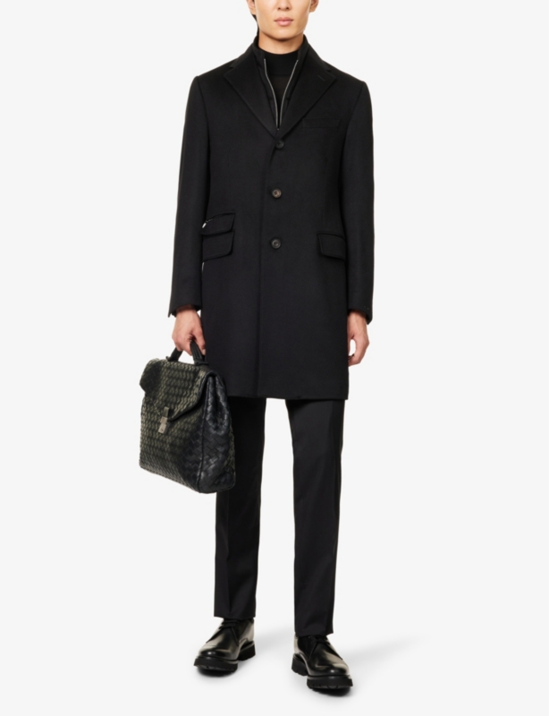 Notched-lapel detachable-panel regular-fit cashmere coat